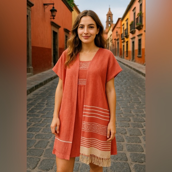 Orange  & white Woven Rebosó and dress from Mexico, one size New with tag - Picture 1 of 9